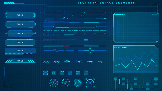 Futuristic sci fi interface element set with neon cyan HUD frames, title bars, sliders, icons, graph panels and data stream display on dark grid