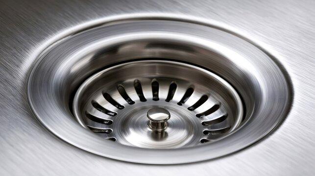 Close up view of a clean stainless steel kitchen sink drain featuring a shiny metal basket strainer, highlighting hygiene, plumbing, and modern kitchen design