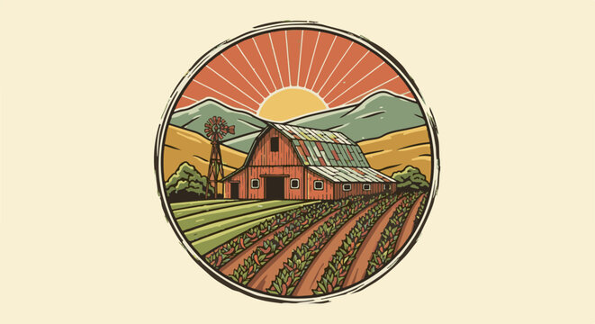 Rustic farm scene with red barn, windmill, fields of crops, and mountains under a vibrant sun