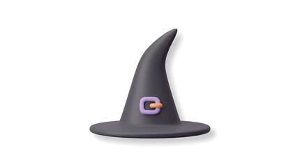 Fototapeta premium 3D cartoon style black witch hat with purple buckle isolated on white background for Halloween