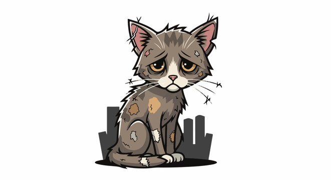 Sad, scruffy feline with large, droopy eyes sits before urban silhouettes