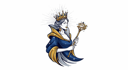 Fototapeta premium Regal woman in ornate crown and blue robe holds a sparkling wand shaped like '2024'