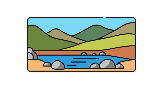 Scenic vista with rolling hills, a calm lake, and rocky shores