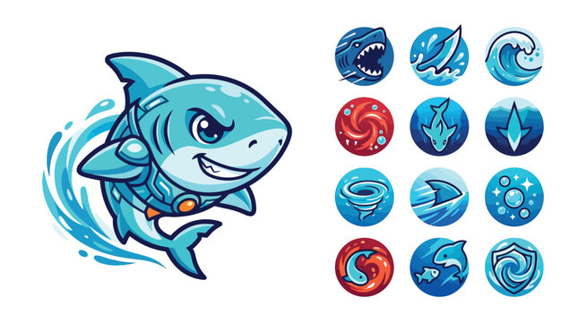 Vector illustration of a cute chibi blue shark character with cybernetic armor, including twelve circular skill icons representing water, waves, and various ocean game abilities.