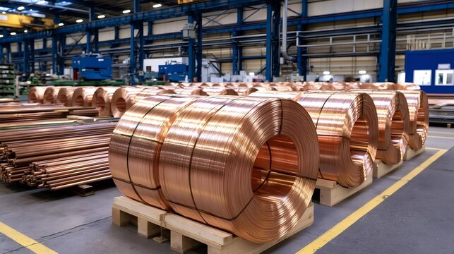 Copper wire coils and pipes are storing on pallets in a vast industrial factory warehouse specializing in metal production and raw material manufacturing