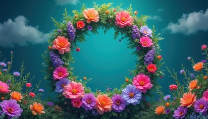 Fototapeta premium Colorful floral wreath on turquoise background. Rich green leaves and vibrant cosmos flowers create a whimsical border. Tender blossoms bloom with soft clouds above.