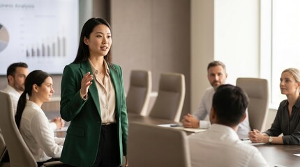 Obraz premium Confident businesswoman delivering presentation to diverse corporate team in modern conference room, sharing insights with visual charts and engaged colleagues