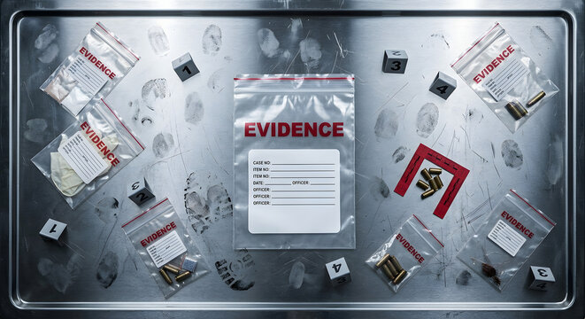 Forensic evidence bag with fingerprints on metal table for crime scene analysis