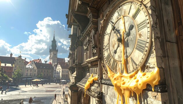 Melting Cheese Clock Tower In A Historic City Square