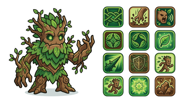 Cute chibi treant tree monster game character design set with twelve matching fantasy skill icons, nature based ability buttons, wooden creature with green glowing eyes on white background.