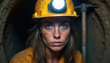 Fototapeta premium Female miner wears yellow hard hat with headlamp in dark tunnel. Her face is dirty showing her tough work. A pickaxe stands behind her, ready for labor.
