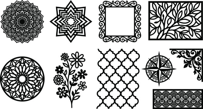 Black Laser Cut Design Collection Featuring Mandala Star Frame Floral Tree Moroccan Pattern Compass and Decorative Border