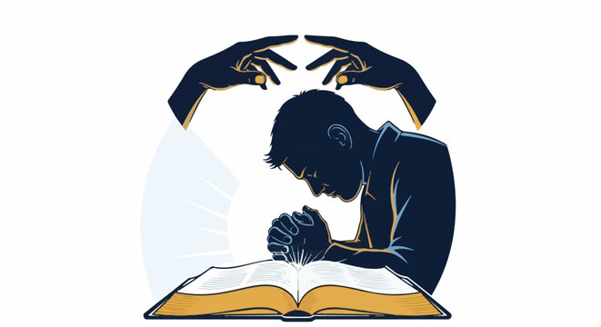 Silhouette of a man in prayer over an open book, with hands above his head