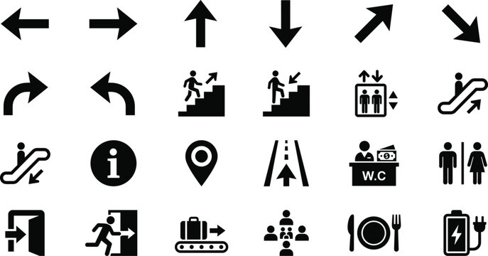 Black Public Space Navigation Icon Set Featuring Directional Arrows Stairs Elevator Restroom Restaurant and Exit Signs