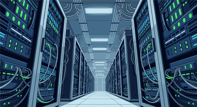 Pixel art server room with rows of blinking computer racks and wires