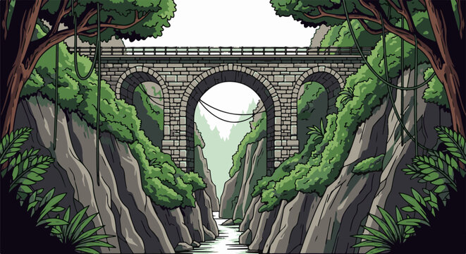 Pixel art stone bridge arches over a river through a dense, overgrown gorge