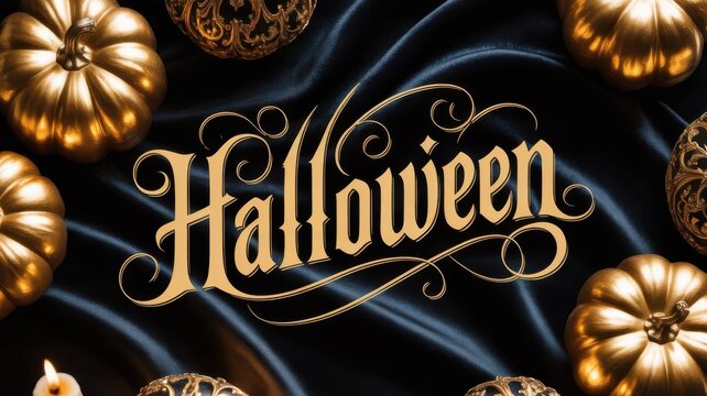 Skull and crossbones Halloween banner background with ornate gold filigree pumpkins, glowing decorative spheres, and vintage gothic typography on