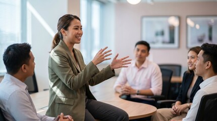 Fototapeta premium Young businesswoman leading engaging team meeting in modern office, colleagues listening attentively and smiling while discussing ideas and collaboration