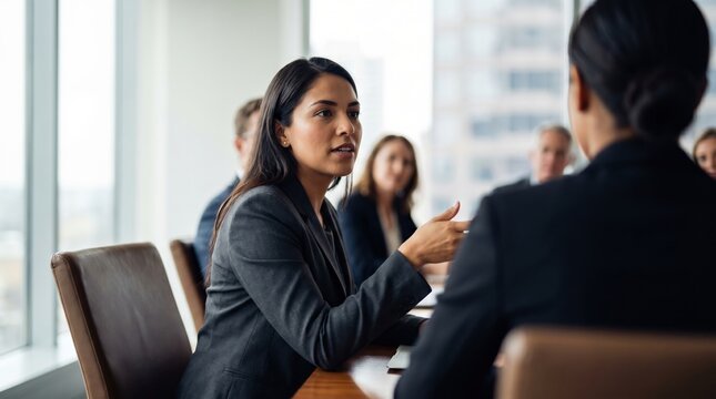 Women in business meeting discussing strategy in modern conference room, professional colleague speaking and gesturing while others listen attentively
