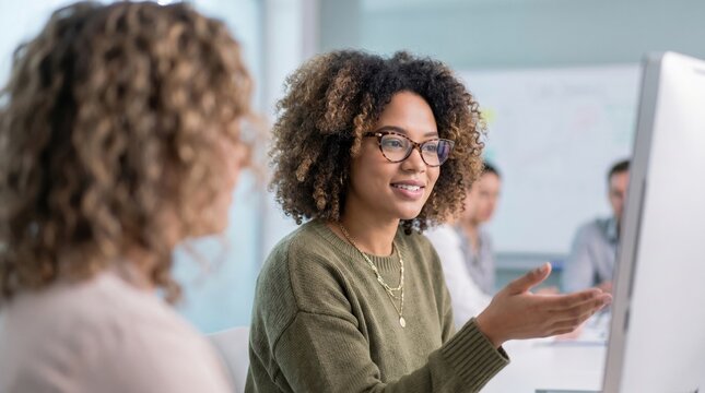 Young professional woman with curly hair and glasses discussing work at computer in modern office, engaged and expressive while collaborating with colleagues