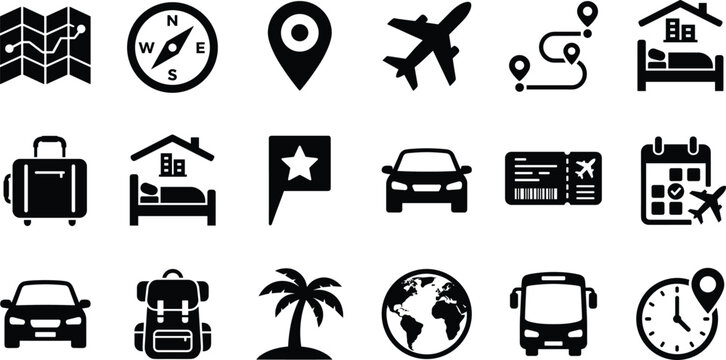 Eighteen Black Travel and Tourism Glyph Icons Featuring Map Compass Airplane Hotel Car Bus Backpack and Globe