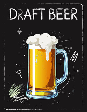 Jarra de cerveza de barril con abundante espuma sobre fondo negro decorativo. Concepto cl&aacute;sico de pub y bebida fr&iacute;a refrescante.
