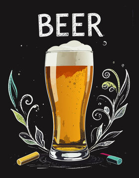  Vaso de cerveza espumosa rodeado de elementos gr&aacute;ficos decorativos sobre fondo de pizarra negra. Dise&ntilde;o atractivo para men&uacute; de bar o restaurante.
