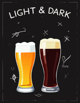  Dos vasos de cerveza clara y oscura con espuma sobre fondo negro decorativo. Concepto de bebidas artesanales para pub o restaurante.
