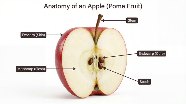 Apple anatomy cutaway educational infographic showing stem exocarp mesocarp endocarp core seeds fruit structure concept for botany classroom nutrition poster textbook teaching display