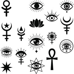 Naklejka premium Mystical and occult symbols set with third eye, lotus, and ankh