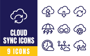 Obraz premium Cloud Sync Icons Set — Upload, Download, Refresh, Thunder, Infinity, Spiral Vector Outline Icons for Data and Tech