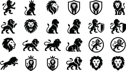 Fototapeta premium Large Collection of Black Lion Silhouette Icons Featuring Heraldic Shields Crowns and Various Majestic Poses
