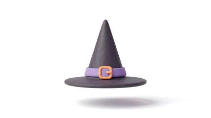 Fototapeta premium 3D stylized black witch hat with purple band and orange buckle isolated on white background
