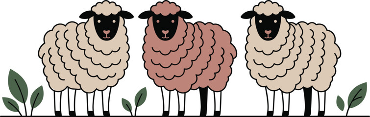 Three Cute Fluffy Sheep Character Illustrations with Pink and Beige Wool in a Pastoral Farm Setting for Childrens Books Nursery Decor and Sustainable Wool Branding © MdRaisul