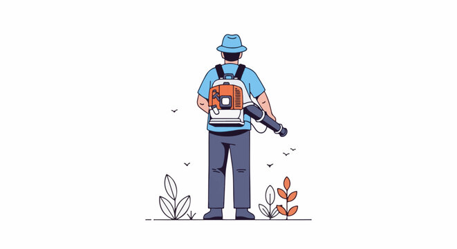 Person with backpack leaf blower, in hat, standing outdoors with plants