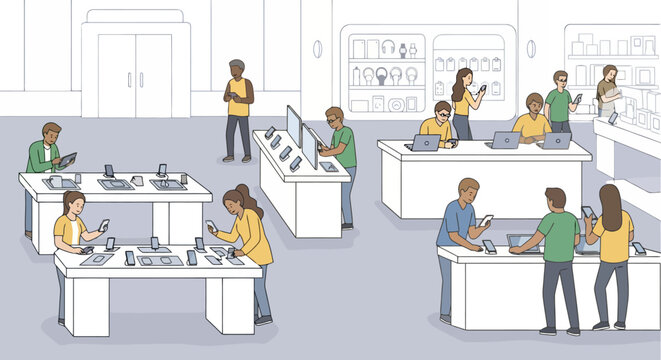 Diverse individuals engage with consumer electronics and mobile devices displayed for purchase in a brightly lit retail store environment showcasing various gadgets and technology products