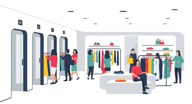 Diverse individuals browse apparel displays and try on clothing within modern fitting rooms in a bustling retail establishment showcasing a vibrant shopping experience for numerous customers