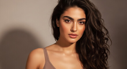 Naklejka premium Beautiful young woman with long wavy brown hair and flawless makeup gazing directly at camera, conveying elegance and natural beauty.