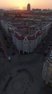 Aerial view of the streets of Szczecin, Poland, at dawn in spring