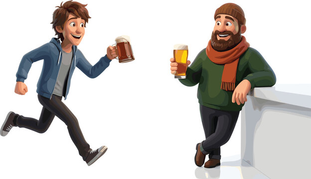 Two Male Cartoon Characters Enjoying Beer with One Running and One Leaning on a Bar for Pub Marketing Craft Brewery Ads and Social Party Designs