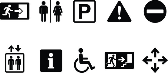 Ten Black Public Facility Safety Signs Featuring Exit Restroom Parking Warning Elevator Information Wheelchair and Directional Symbols © Romana