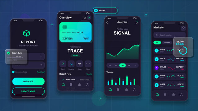 Dark fintech mobile app mockup with four smartphone screens, secure login, wallet card, analytics graph, markets list, and neon green UI panels