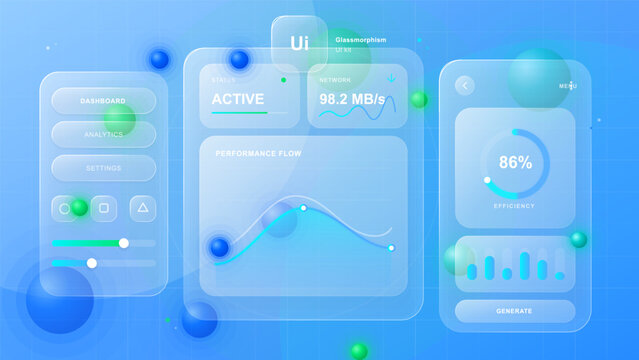 Soft glassmorphism UI kit with translucent dashboard panels, active status cards, network speed, performance chart and efficiency gauge on blue grid