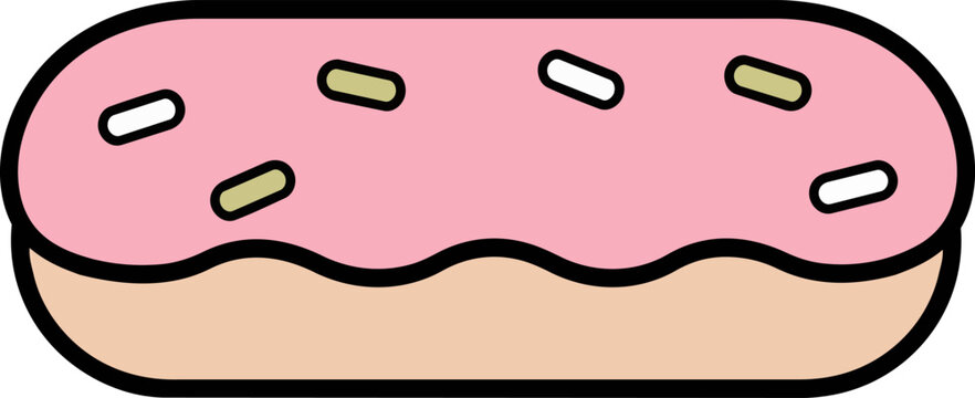 Pink eclair kawaii food icon with pastel frosting, sprinkles and thick black outline, cute cartoon dessert isolated on white background for stickers, menus and packaging.