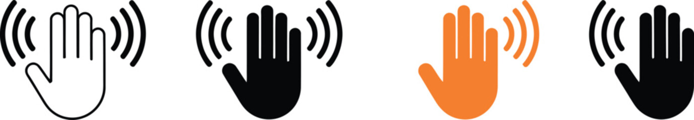 Waving hand greeting and gesture icons. Black and orange silhouette collection of palm hello or goodbye signs isolated on white background. © ARBAT DOMA