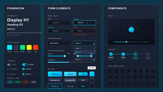 Dark futuristic UI design system kit with typography, color palette, form fields, sliders, buttons, video player, stepper, and icon library