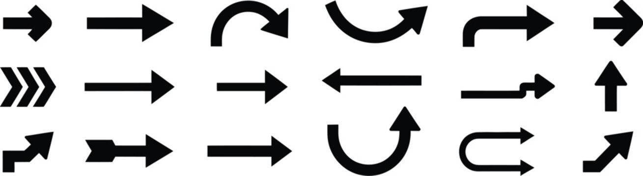 Directional black arrow icons collection. Minimalist pointers and cursor navigation symbols set isolated on white background.