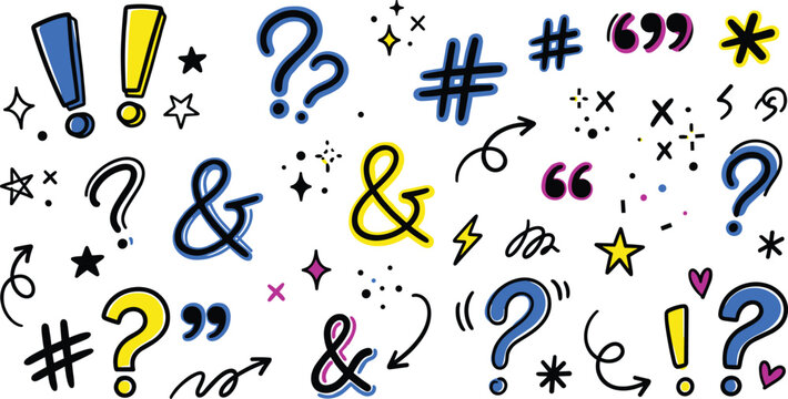Colorful punctuation and symbol illustration collection with exclamation marks question marks ampersands hashtags and stars in playful design artwork