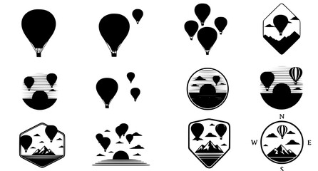 Collection of hot air balloon silhouettes and travel adventure emblems isolated on white background for travel agency branding and outdoor exploration themed designs © Neoviz Studio