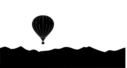 Minimalist silhouette of a hot air balloon floating above a mountain range landscape for travel and adventure themes in a simple black and white vector graphic style © Neoviz Studio